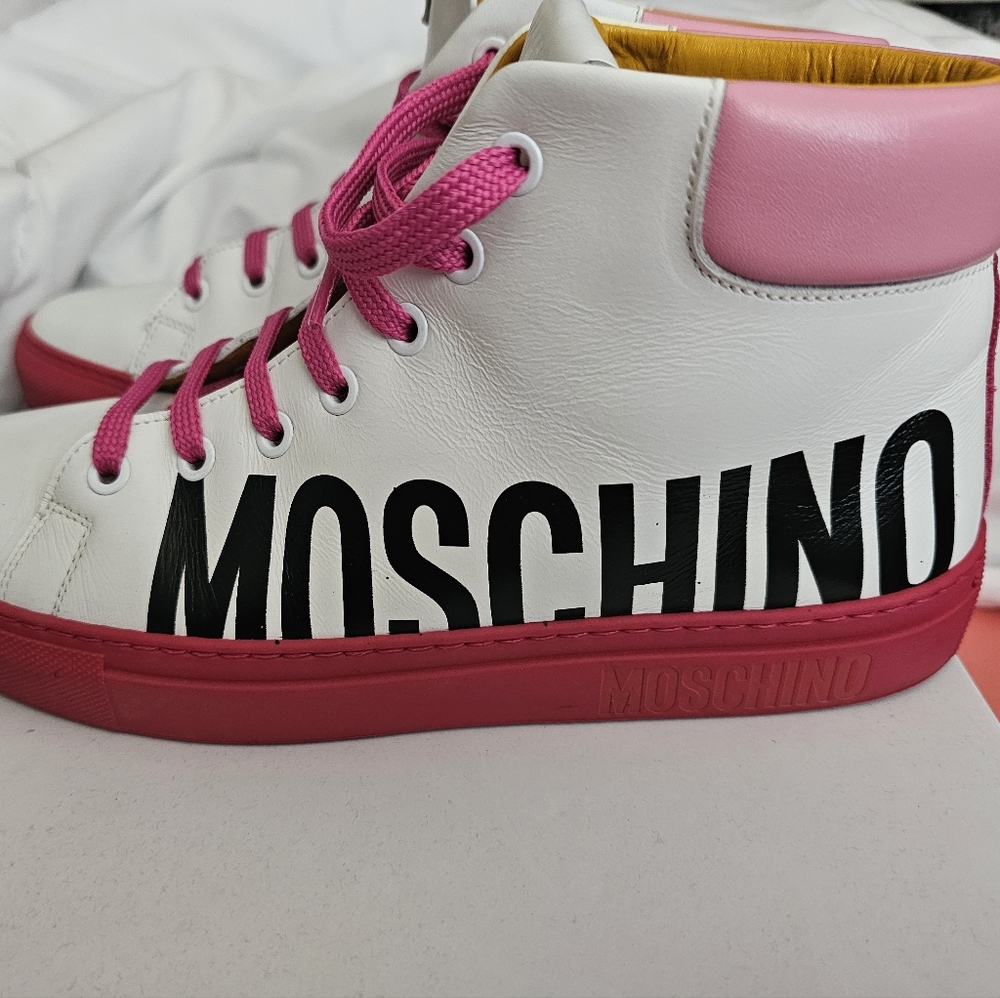 Original Moschino White and Pink High-Tops with Bold Logo